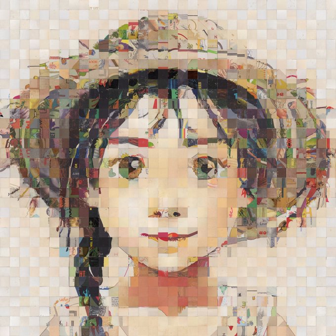 The image features a collage of various images, including a picture of a girl wearing a hat with her face cut out from these pieces. The girl appears to be smiling at the camera, giving off a happy vibe. The background of the image is white, which contrasts nicely with the colorful elements in the collage and makes them stand out more. There are no texts or other objects present in the image, and it seems to be a creative representation of a girl's face using different images cut out from various sources.