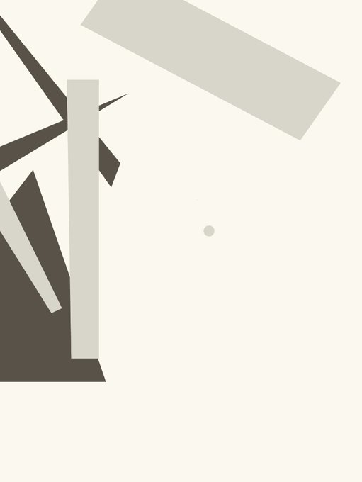 An abstract minimalist composition featuring geometric shapes in dark brown and pale sage green tones on a cream background, with angular intersecting forms and a small circular accent.