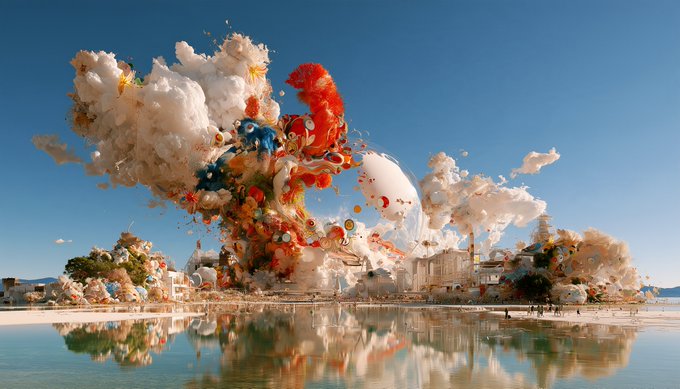 A surreal digital artwork featuring an explosive cloud of smoke, flowers, and colorful balloons reflected over water against a clear blue sky.
