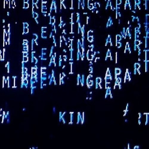 The image features the word "BREAKING" repeated multiple times in a glitchy, fragmented text display with blue and white lettering against a dark background, resembling a broken news broadcast or digital error effect.