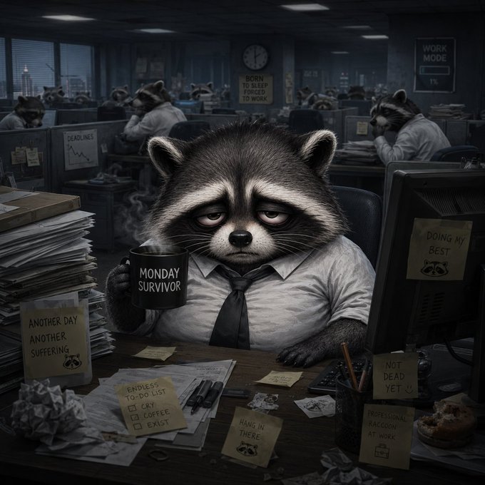A darkly humorous digital illustration of a weary raccoon in a shirt and tie at an office cubicle, holding a 'MONDAY SURVIVOR' mug, surrounded by sticky notes reading 'ANOTHER DAY ANOTHER SUFFERING,' 'ENDLESS TO-DO LIST,' 'NOT DEAD YET,' and a 'BORN TO SLEEP FORCED TO WORK' poster.