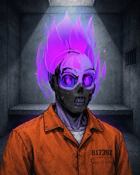 A stylized artwork features a purple-flamed skull-faced character wearing an orange prison jumpsuit labeled '817392'.