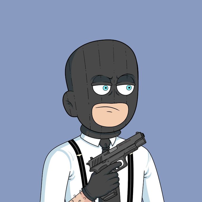 A cartoon illustration of a character wearing a black balaclava, white shirt, and black gloves, holding a handgun against a blue background.