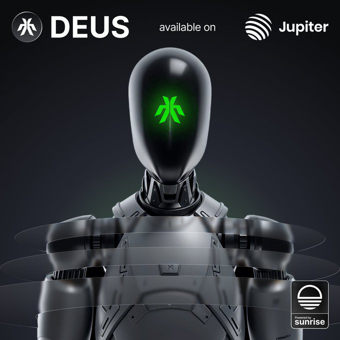 The image features a robot with a green head, standing against a black background. The robot has arms and legs that are visible, giving an impression of a humanoid figure. The caption below the image reads "DEUS available on JupiterExchange Listed on Solana via Sunrise", indicating that the token for humanoid robotics and Physical AI is available for trading on the exchange.