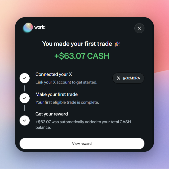 A "world" app notification celebrating the user @0xM0RA's first trade, showing "+$63.07 CASH" earned after connecting their X account and completing their first eligible trade, matching the post's guide to sign up, link X, and place a trade to earn rewards.