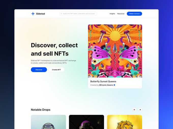 Screenshot of the 'Sidereal' NFT marketplace homepage featuring the headline 'Discover, collect and sell NFTs' and a featured listing for 'Butterfly Sunset Queens'.
