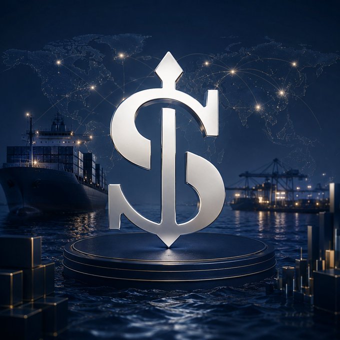 A 3D-rendered silver dollar sign logo displayed on a podium over water, with a cargo ship, port cranes, and a glowing global network map in the background.