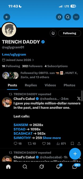A screenshot of a Twitter profile for 'TRENCH DADDY' (@uglygram01), showing a reposted tweet from Chad's Cabal (@chadscabal) listing crypto token calls including SANSEM at 2628x, STOAD at 1098x, SCASHCAT at 563x, and JIMOTHY at 25x.