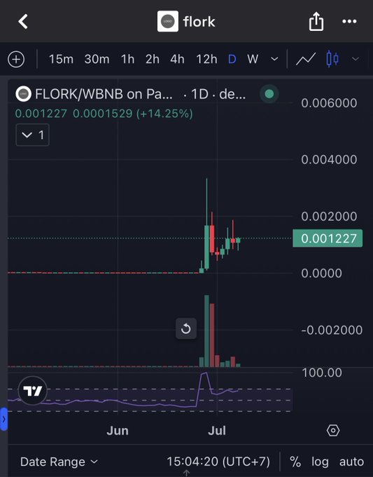 A TradingView chart of the FLORK/WBNB token on PancakeSwap showing a +14.25% price change with candlestick price action in late June.