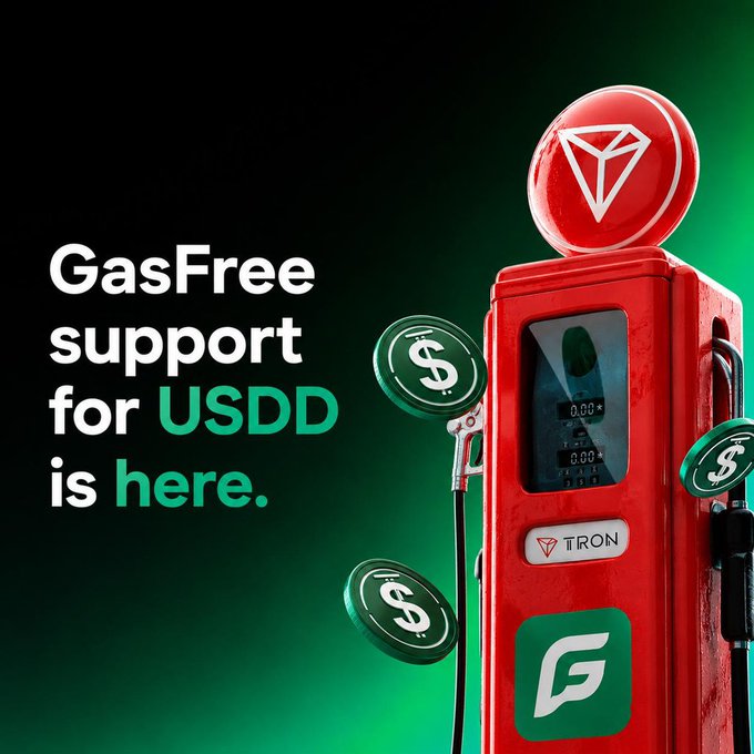 A red gas pump adorned with floating dollar-sign coins and the Tron logo promotes "GasFree support for USDD is here," visually representing JustLend DAO's zero-gas transfer feature that eliminates traditional blockchain gas fees by deducting a fixed handling fee directly from TRC-20 tokens like USDD.