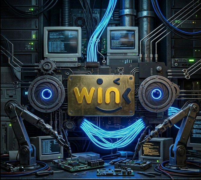 A sci-fi themed digital artwork featuring robotic arms, circuit boards, and glowing blue cables surrounding a golden plate that reads 'WIN' in a smiley face design.