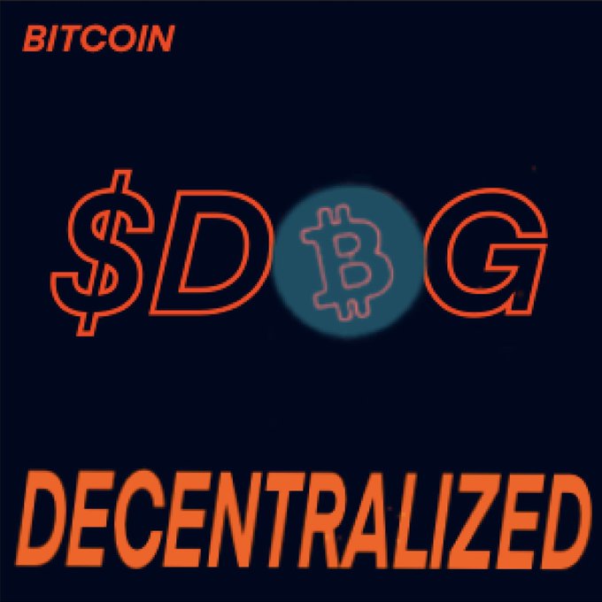 The image shows a graphic with "BITCOIN" at the top in red text, "$DOG" in large red letters with the Bitcoin "B" symbol replacing the "O," and "DECENTRALIZED" at the bottom in bold red text against a dark blue background. The graphic represents the $DOG Bitcoin token, aligning with the post celebrating a DCA (Dollar Cost Averaging) purchase alert for the cryptocurrency.