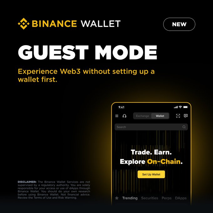 A promotional graphic for Binance Wallet's new "Guest Mode" feature, featuring the Binance Wallet logo and a "NEW" badge, with a tagline reading "GUEST MODE: Experience Web3 without setting up a wallet first." The image also displays a smartphone mockup of the wallet app showing options like "Set Up Wallet," "Trade. Earn. Explore On-Chain," and navigation tabs for Trending, Securities, Perps, and DApps. It visually reinforces the post's message by showcasing how users can explore on-chain features before committing to wallet creation.