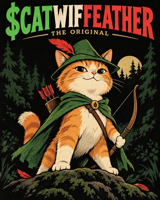 An illustrated design featuring an orange tabby cat dressed as Robin Hood with a green hat, cape, and bow, set against a forest backdrop with a moon, under the text '$CATWIFFFEATHER THE ORIGINAL'.