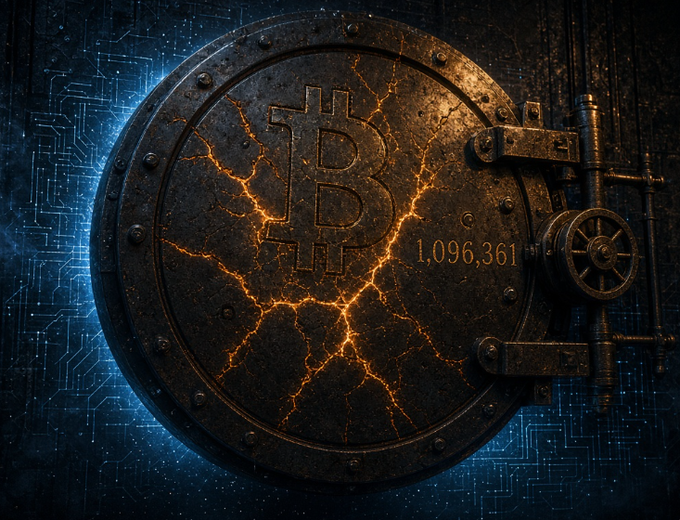 A massive, cracked iron safe bearing the Bitcoin symbol and the number "1,096,361" glows from within, symbolizing the long-lost early Bitcoin wallets from 2009 that the community is now attempting to crack, with the surrounding digital circuitry reinforcing the modern cryptographic effort to unlock Satoshi-era funds.