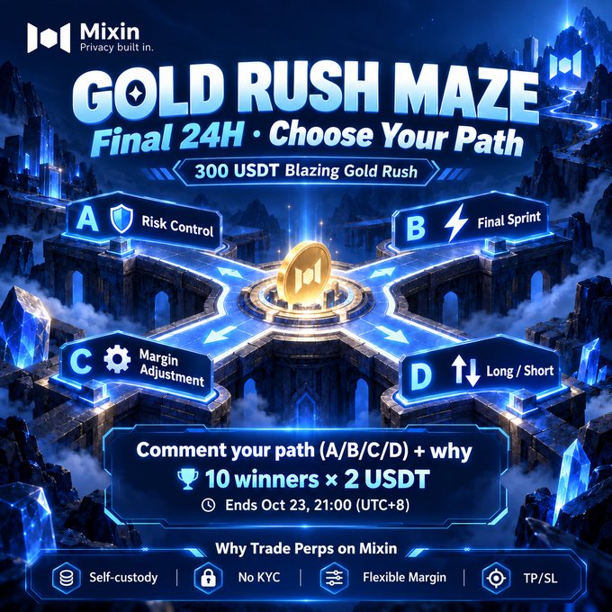 A blue promotional graphic for Mixin reads “GOLD RUSH MAZE,” “Final 24H · Choose Your Path,” and “300 USDT Blazing Gold Rush,” with choices A–D and trading feature labels.