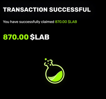 A transaction confirmation screen shows "TRANSACTION SUCCESSFUL" for claiming 870.00 $LAB tokens, with a green flask icon below. The image relates to the post's mention of the "LAB play," visually confirming the successful airdrop claim of $LAB tokens.