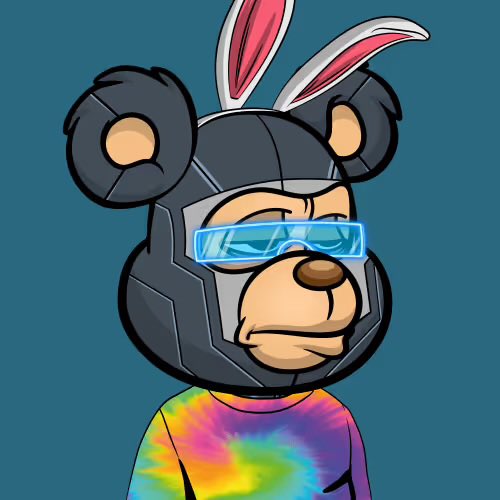 A cartoon bear character wearing a futuristic black helmet with blue glowing glasses and bunny ears on top, dressed in a colorful tie-dye shirt against a dark teal background.