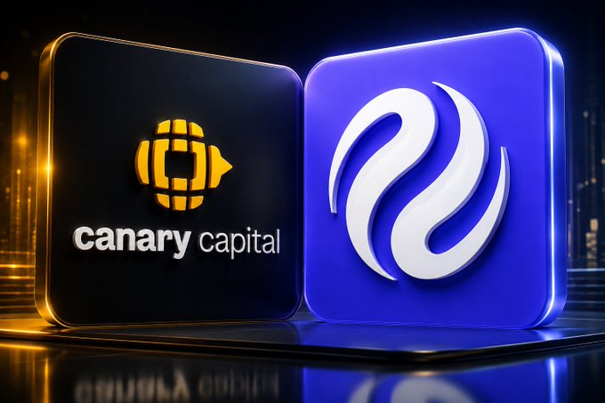 A 3D rendering showing two app icons - the black 'canary capital' logo and a blue stylized logo, likely representing Canary Capital and another crypto/finance platform.