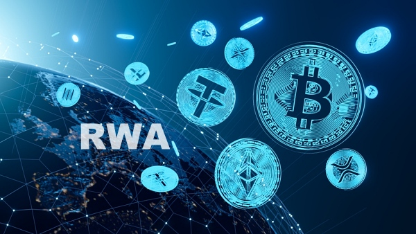 A promotional graphic labeled "RWA" (Real World Assets) showing various cryptocurrency coins including Bitcoin, Tether, and Ethereum floating above a digital globe with network connections.