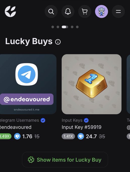 A Fragile app interface showing 'Lucky Buys' section featuring a Telegram username @endeavoured and Input Keys item.