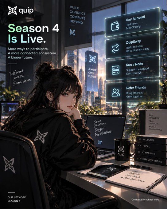 Anime-style promotional poster for Quip Network Season 4 featuring a young woman with dark hair at a desk, highlighting features: Your Account (hold value), QuipSwap (trade and earn), Run a Node (support network), and Refer Friends (bring others in).