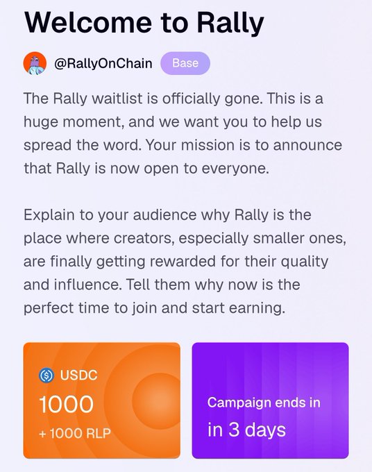 The image shows an advertisement for a cryptocurrency called rally. The advertisement features a purple square with white text that says "Welcome to Rally" followed by a list of reasons why people should join the rally, including the fact that it's a stablecoin and users can get points in exchange for joining.