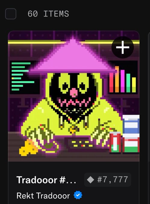 A pixel art NFT titled 'Tradooor #' from the Rekt Tradooor collection, valued at #7,777, depicting a yellow-hooded figure at trading terminals.