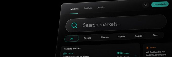 A sleek, dark-themed prediction market interface displays a search bar and category tabs for "All," "Crypto," "Finance," "Sports," "Politics," and "Tech," with a trending "CRYPTO" market showing a 98% chance—visually matching the post's description of Wager_Predict as a multi-category platform for trading real-world outcomes with self-custody.