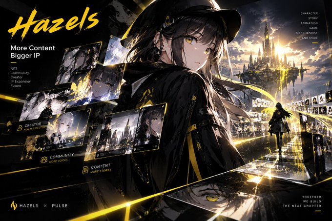 Promotional banner for Hazels x Pulse, advertising 'More Content, Bigger IP' with character, story, animation, game, and merchandise offerings under the phrase 'Together we build the next chapter.'