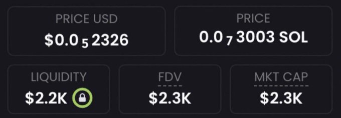 A dashboard showing an extremely low-priced token at $0.0₅2326 (0.0₇3003 SOL) with minimal liquidity of $2.2K and a market cap of just $2.3K—visually supporting the "next 1000x" claim by highlighting the token's tiny starting valuation.