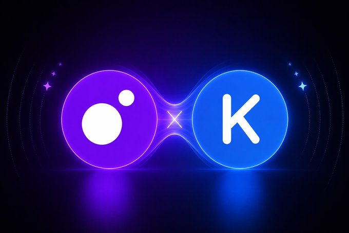 A digital illustration showing two glowing orbs connected by an hourglass-shaped energy bridge; the left orb is purple with an eye-like design (Polymarket logo), and the right orb is blue with the letter "K" (Kalshi logo).