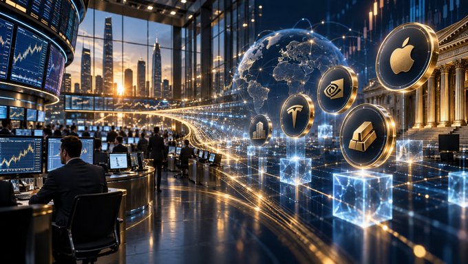 A digital illustration of a financial trading floor featuring large screens displaying stock charts, a holographic globe, and gold icons including the Apple logo, Tesla logo, and a bank building.