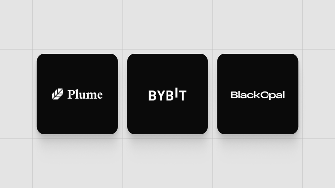 Three black rounded-square logos displayed on a white grid background: 'Plume', 'BYBIT', and 'BlackOpal'.