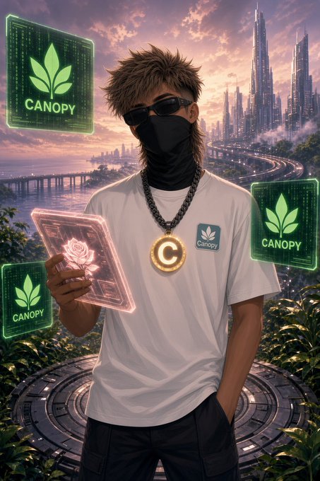 A digital artwork of a man with shaggy hair, sunglasses, and a black face mask wearing a white 'Canopy' branded t-shirt and a gold 'C' chain, holding a glowing rose card with futuristic cityscapes and 'CANOPY' holographic signs in the background.