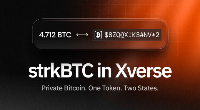 A digital graphic with a dark and orange gradient background showing '4.712 BTC ↔ $8ZQ@X!K3#NV*2' above the white text 'strkBTC in Xverse' and the tagline 'Private Bitcoin. One Token. Two States.'