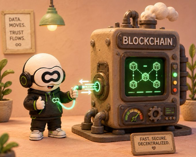 A claymation-style 3D illustration of a character interacting with a 'BLOCKCHAIN' machine, featuring signs reading 'DATA. MOVES. TRUST FLOWS.' and 'FAST. SECURE. DECENTRALIZED.'