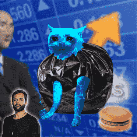 A surreal collage featuring a blue cat sitting on a black bag, with stock market chart numbers, a partially visible man in a suit, another bearded man, and a cheeseburger in the background.