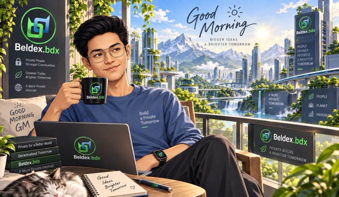 A promotional digital artwork for 'Beldex.bdx' shows a young man in glasses holding a branded mug with text promoting 'Private People, Stronger Communities,' 'Privacy Builds A Brighter Tomorrow,' and 'A More Private Internet' against a futuristic green cityscape.