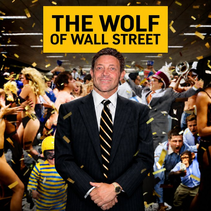 A promotional graphic for the movie 'THE WOLF OF WALL STREET' featuring a man in a suit smiling in the foreground while a chaotic office party unfolds behind him.