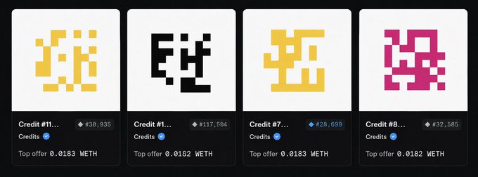 Four NFT profile pictures displayed for sale, including Credit #11 (¥30,935), Credit #1 (¥117,504), Credit #7 (¥28,699), and Credit #8 (¥32,585), all priced at approximately 0.0183 WETH.