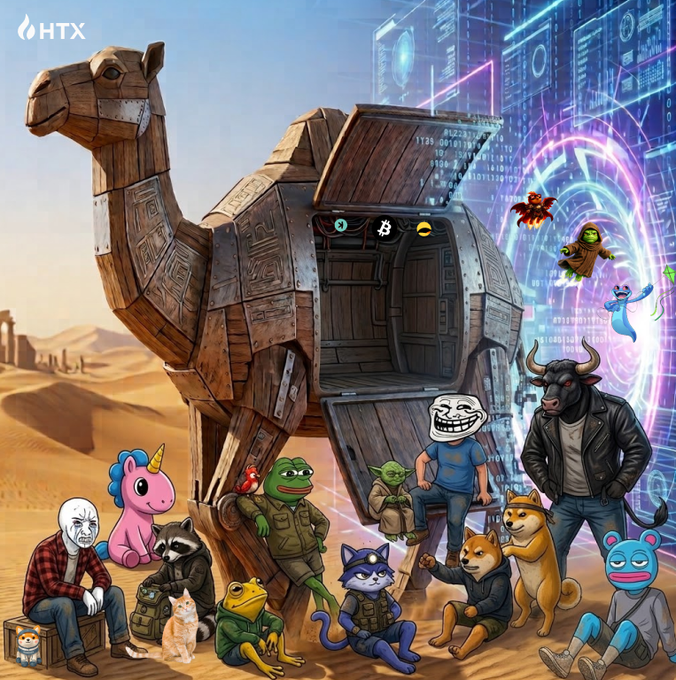 A colorful digital illustration featuring a large wooden Trojan Horse in a desert setting, surrounded by various internet meme characters, including Pepe the Frog, Doge, a troll face, and a unicorn, with an HTX logo in the upper left corner.