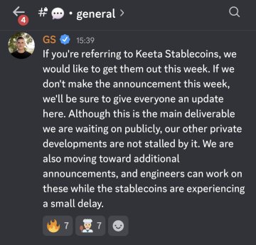 A Discord screenshot from the #general channel shows a pinned message from "GS" at 15:39 stating that Keeta Stablecoins will hopefully be announced this week, with regular updates promised and other developments moving forward despite the small delay. The post highlights how this open communication on public deliverables reflects Keeta's overall momentum, reinforcing the post's message that private developments are advancing full steam ahead while partners queue up.
