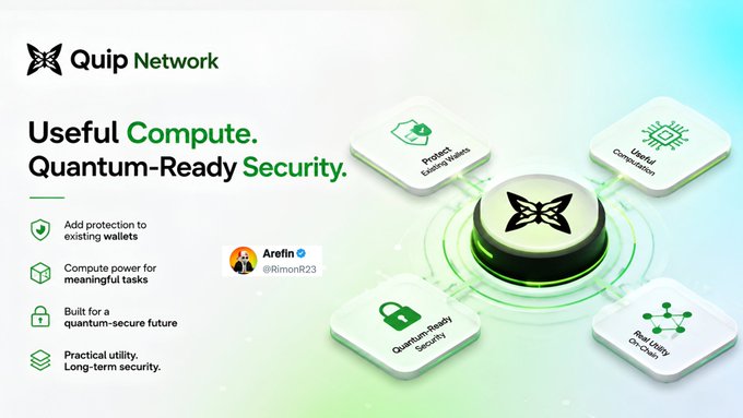 The image is a promotional graphic for **Quip Network**, featuring a butterfly logo and the tagline "Useful Compute. Quantum-Ready Security." It highlights four key features: protecting existing wallets, useful computation, quantum-ready security, and real utility on-chain.

The caption reads: **"Quip Network — Useful Compute. Quantum-Ready Security, featuring protection for existing wallets and real on-chain utility."** The post from @Arefin (@RimonR23) emphasizes Quip Network's forward-thinking approach, focusing on preparing for future challenges like quantum security rather than just addressing current scalability concerns.