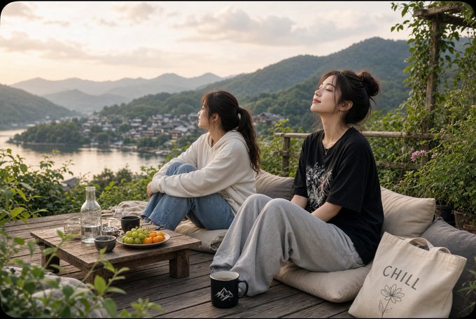 Two young women relaxing on a wooden deck overlooking a serene lake and mountains, with a tote bag labeled 'CHILL' beside them.