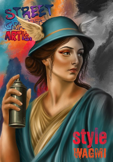 A digital painting of a woman in a teal dress and winged hat holding a spray paint can, with text reading 'STREET GRAFFITI ARTIST' and 'style IMAGMI'.