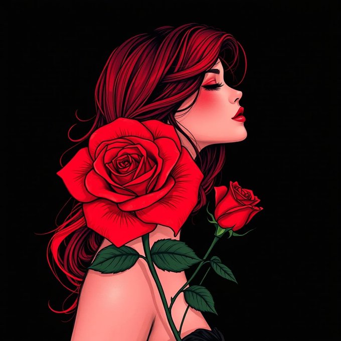 A digital illustration of a woman with long red hair holding red roses, shown in profile with her eyes closed against a black background.