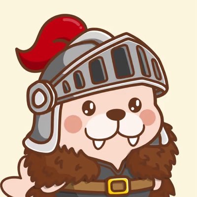 A cartoon illustration depicts a smiling animal character wearing a silver knight's helmet with a red plume and a brown tunic with a belt.