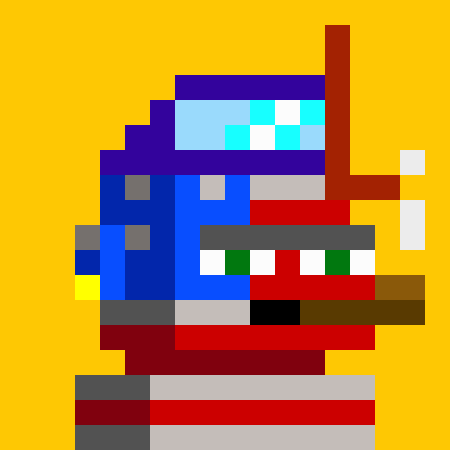A pixel art rendering of the character Cyborg from Teen Titans on a yellow background.