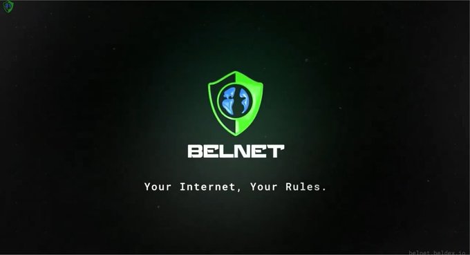 A logo screen for 'BELNET' featuring a green shield and globe icon with the tagline 'Your Internet, Your Rules.'